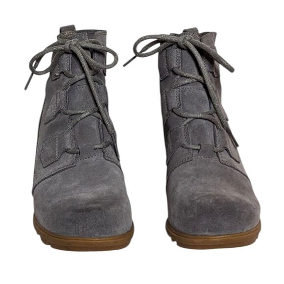NWOT Sorel Evie US Sz 10 Gray Suede Ankle Booties Lace Up Wedge Weatherproof - Picture 2 of 16